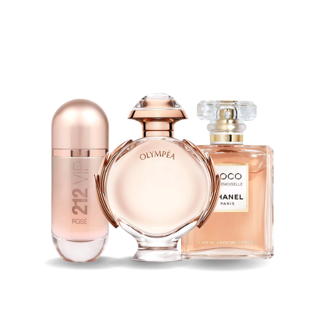 Combo de 3 Perfumes: Carolina Herrera 212 VIP ROSÉ, Paco Rabanne OLYMPÉA y Chanel COCO MADEMOISELLE - 100ml