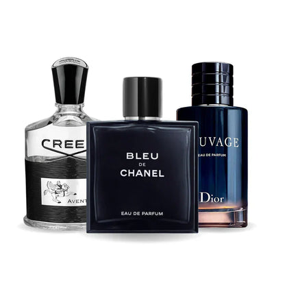 Combinación de 3 perfumes: Creed Aventus, Chanel Bleu de Chanel y Dior Sauvage (100 ml)