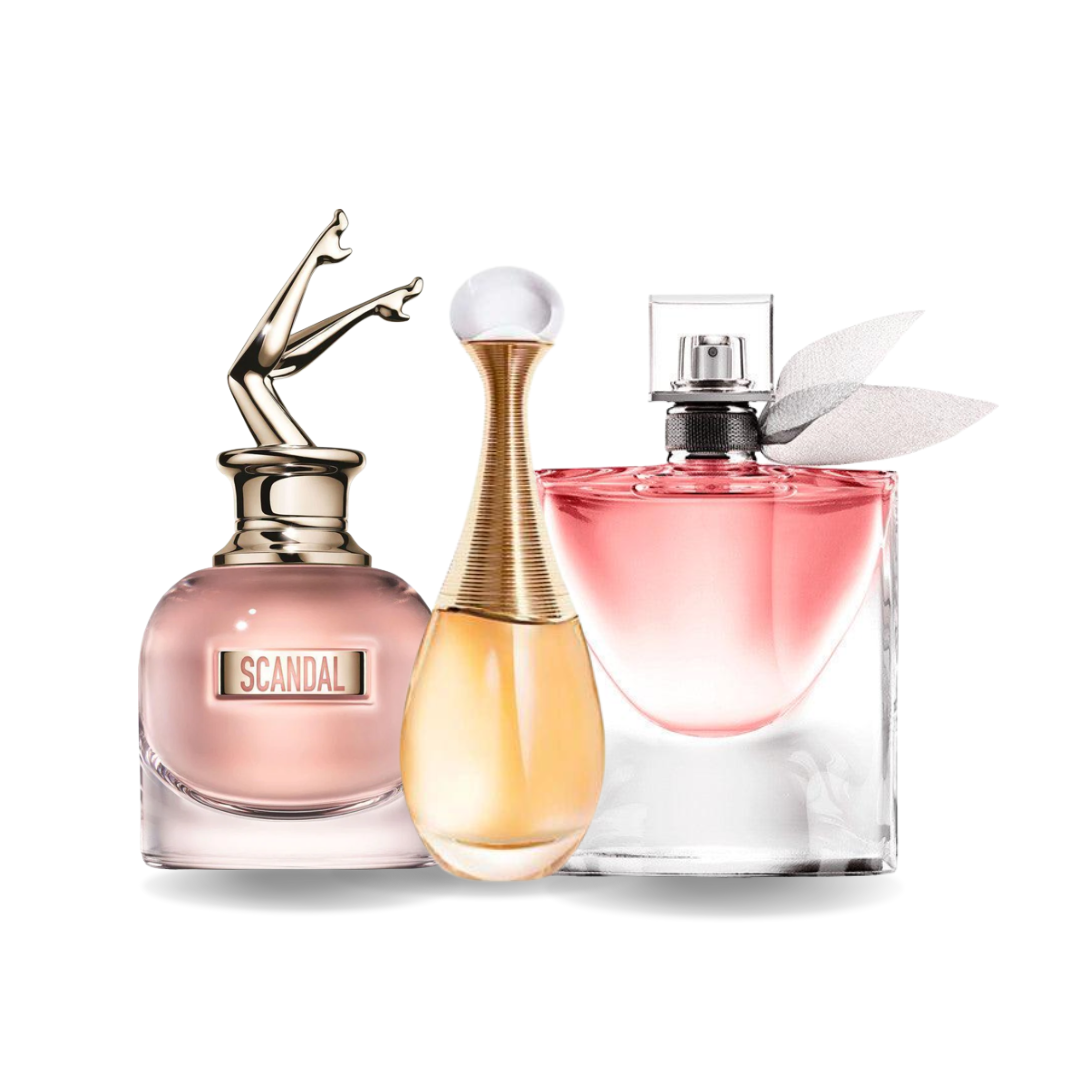 Combo de 3 Perfumes: Jean Paul Gaultier SCANDAL, Dior J'ADORE y Lancôme LA VIE EST BELLE - 100ml