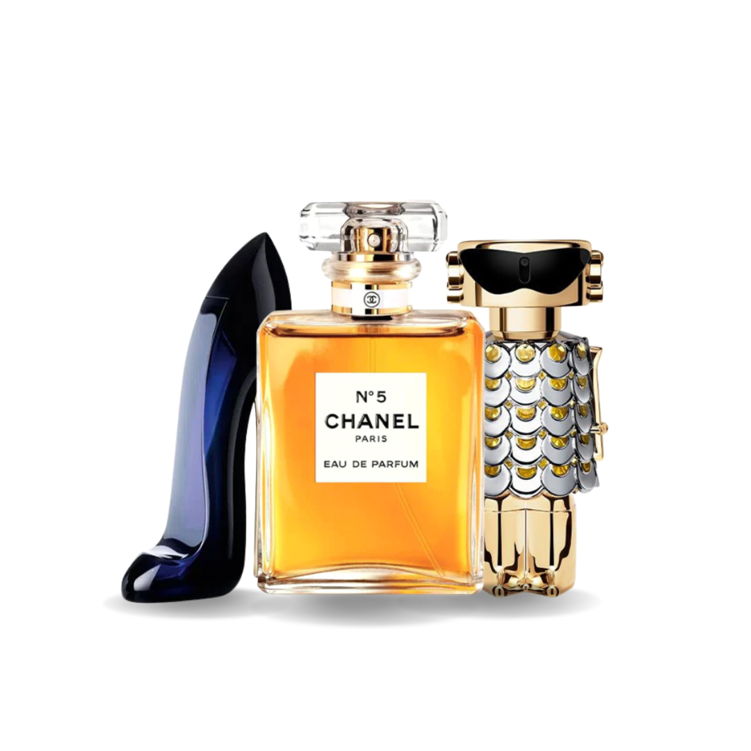 Combo de 3 perfumes: Carolina Herrera GOOD GIRL, Chanel Nº5 y Paco Rabanne FAME - 100 ml