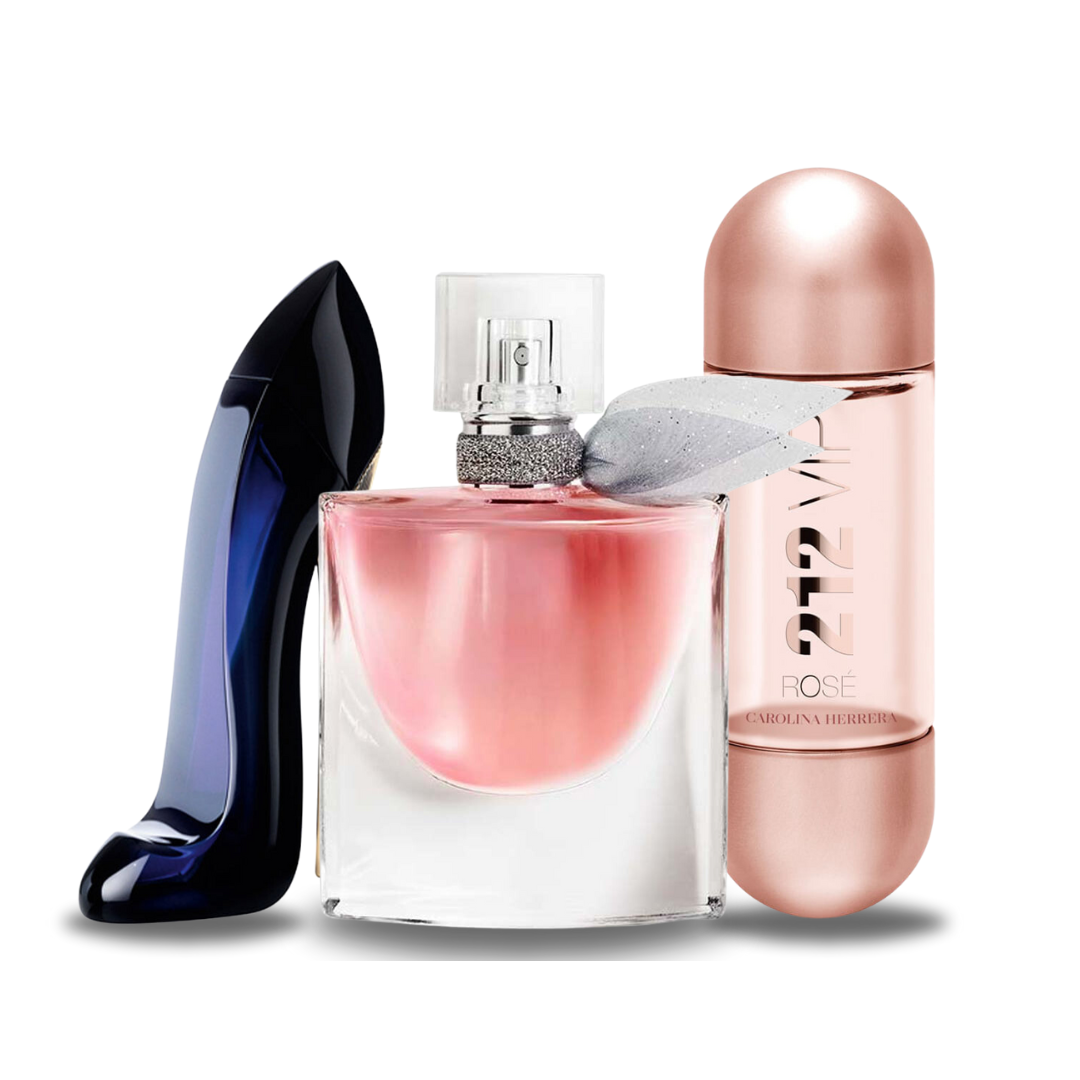 Combo de 3 perfumes: Carolina Herrera GOOD GIRL, Lancôme LA VIE EST BELLE y Carolina Herrera 212 VIP ROSÉ – 100ml